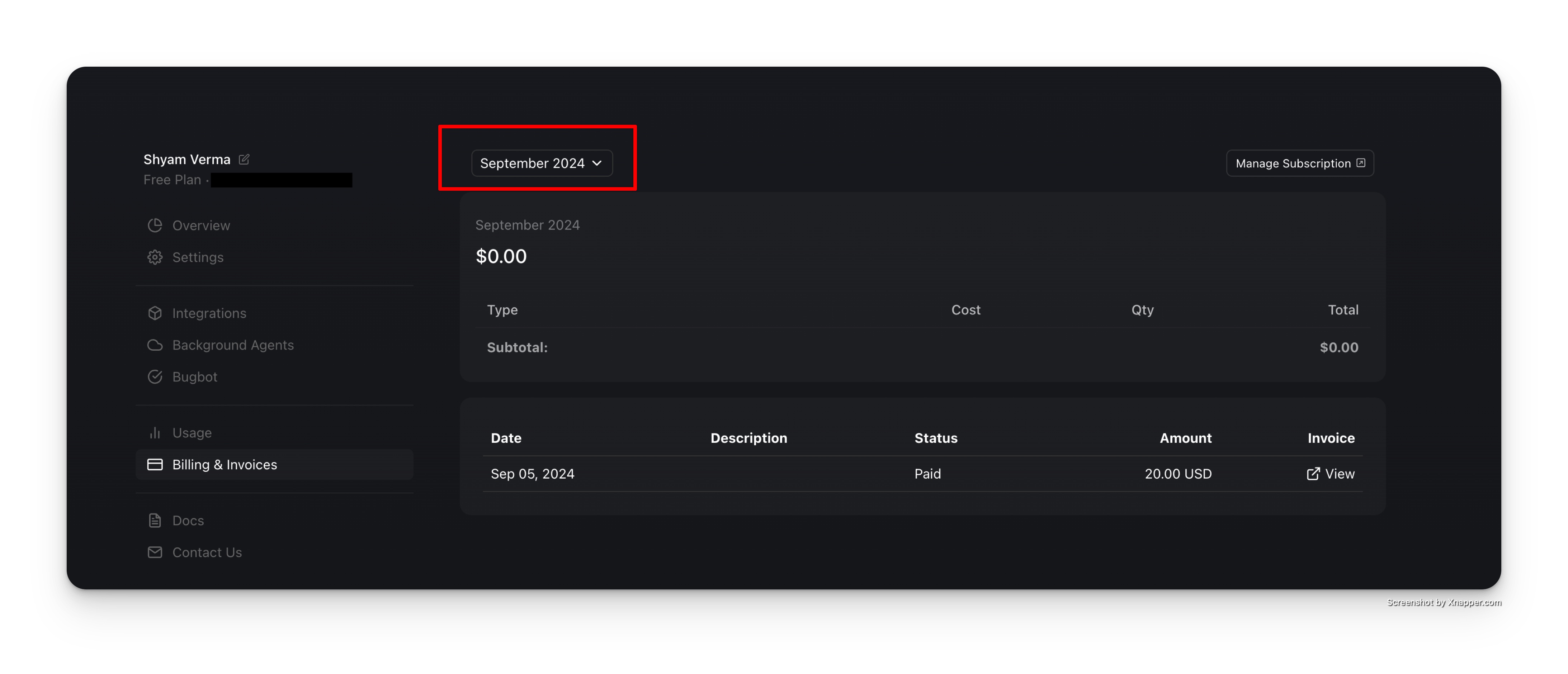 Cursor billing showing $20.00 payment September 2024