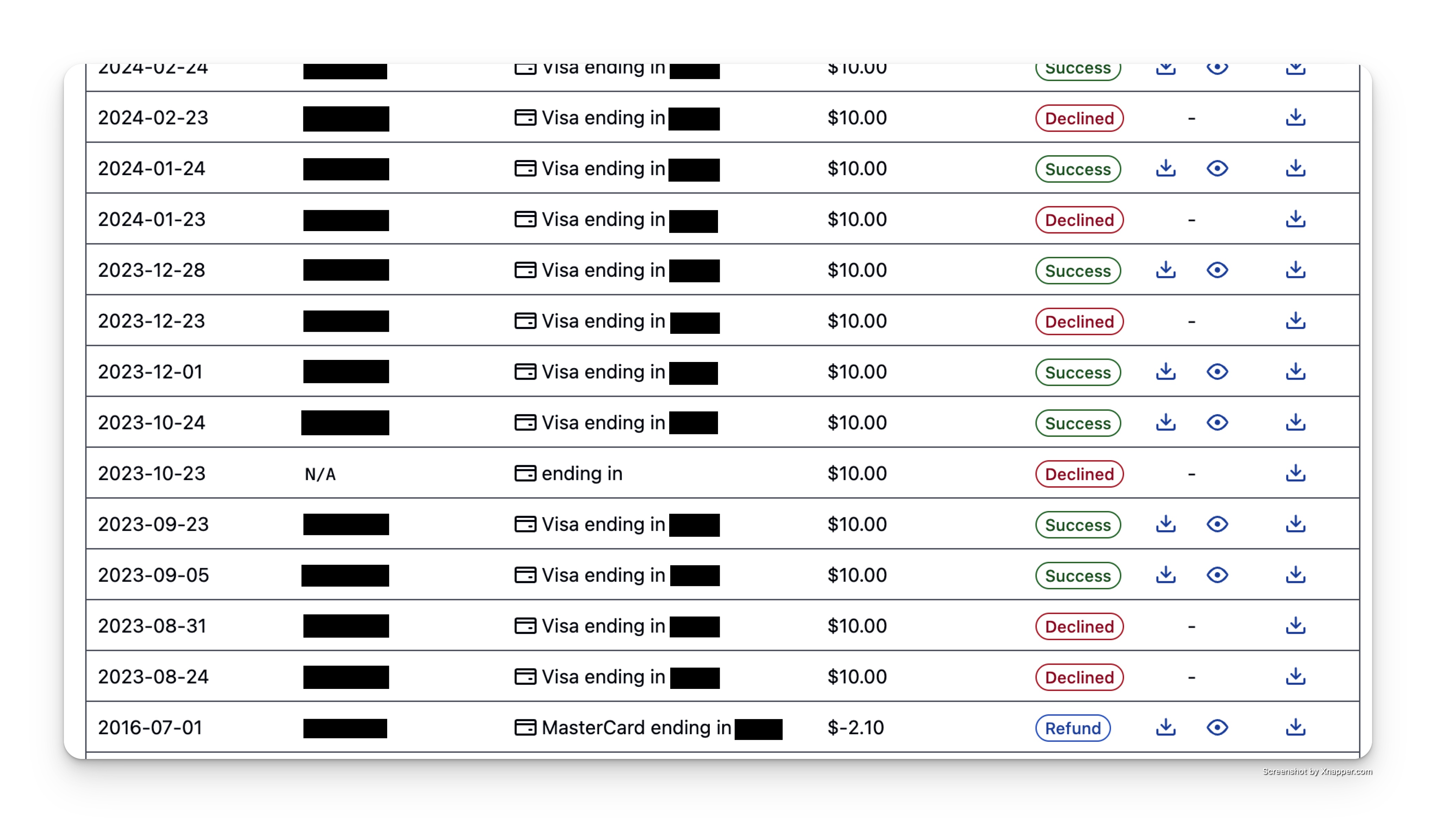 GitHub Copilot payment history showing consistent $10 monthly payments