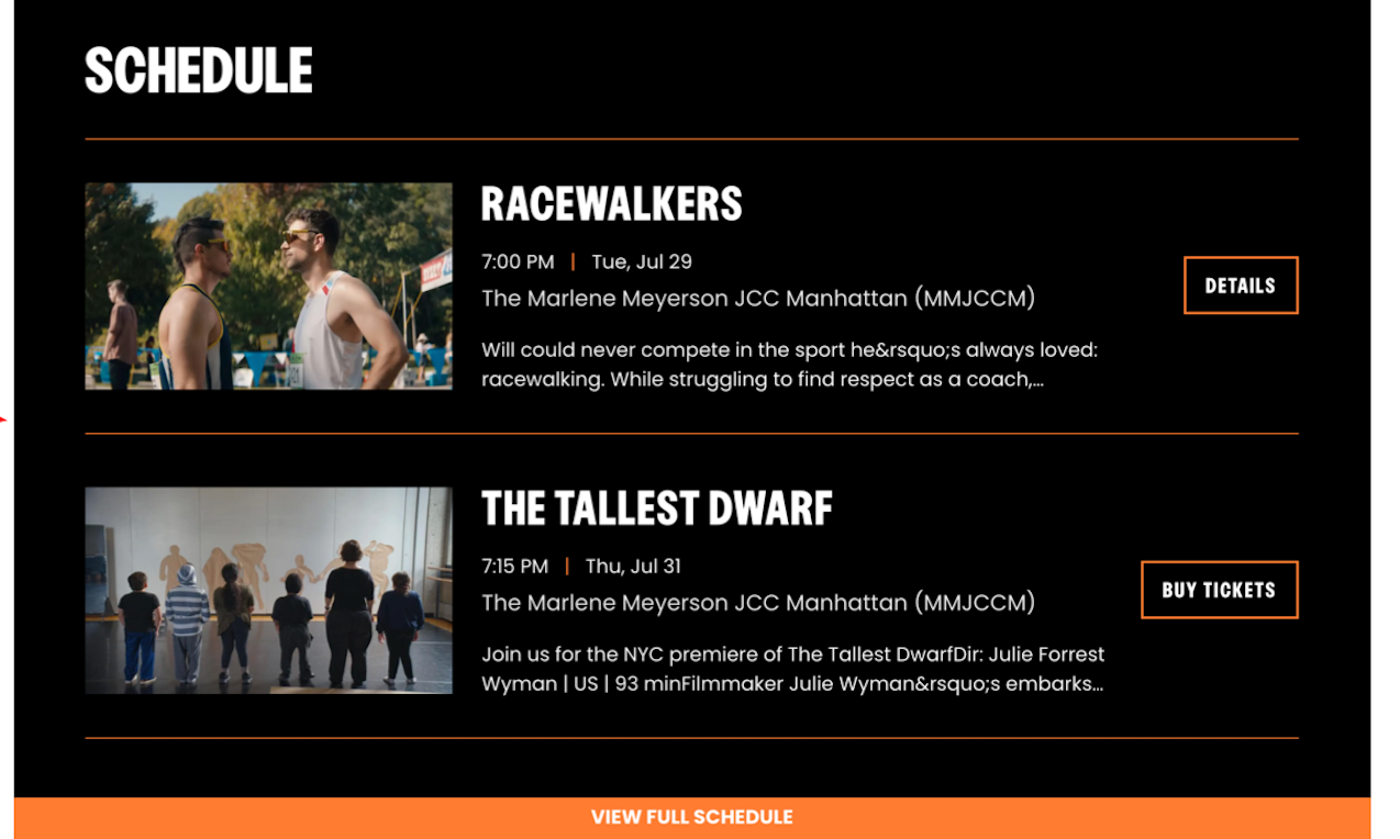 CityScheduleBlock automatically displaying upcoming events with dates, times, and event details that update in real-time