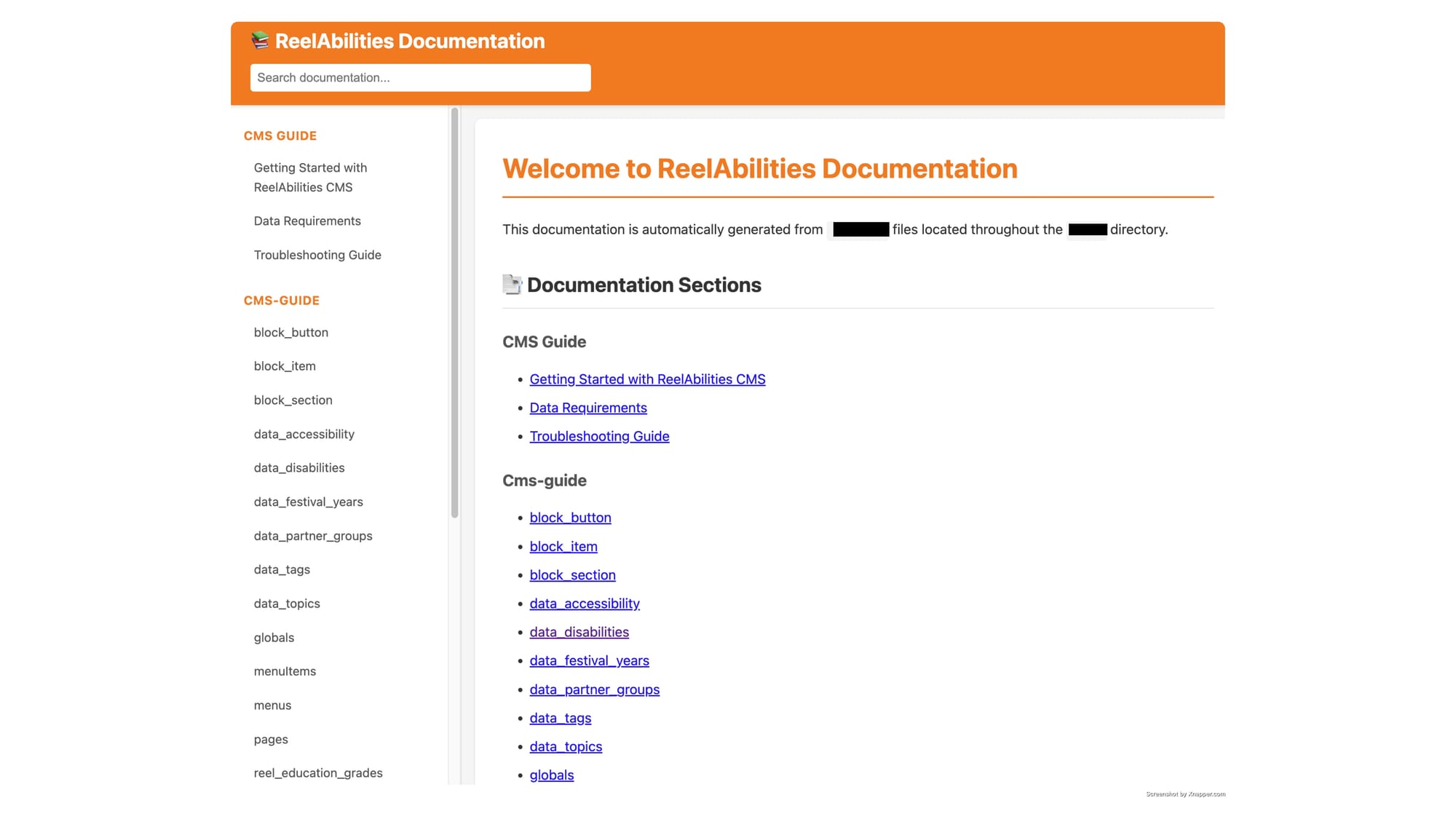 Auto-generated documentation site with searchable guides and organized navigation for all 26 blocks