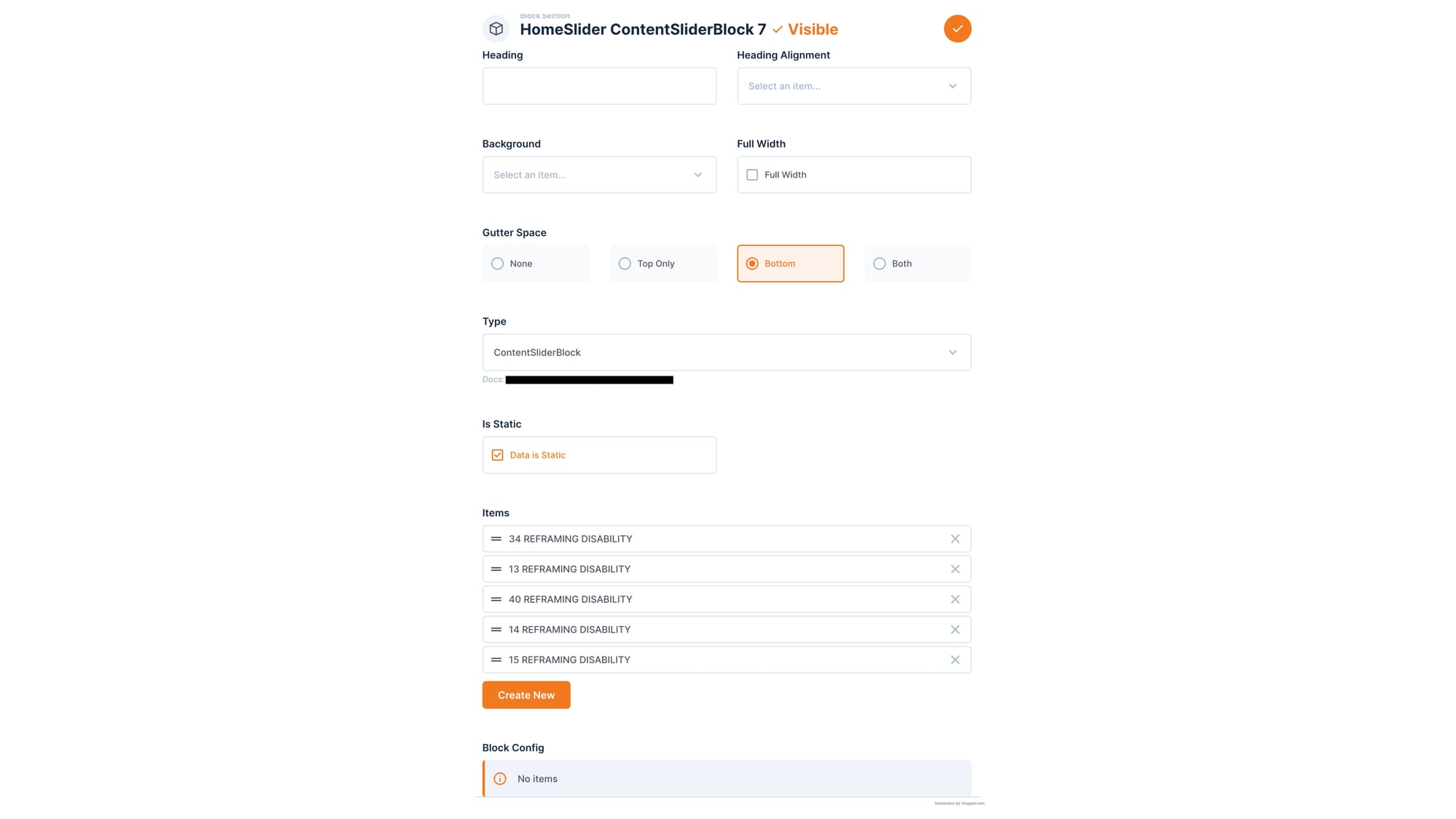 Block configuration form showing settings for ContentSliderBlock with multiple items and configuration options