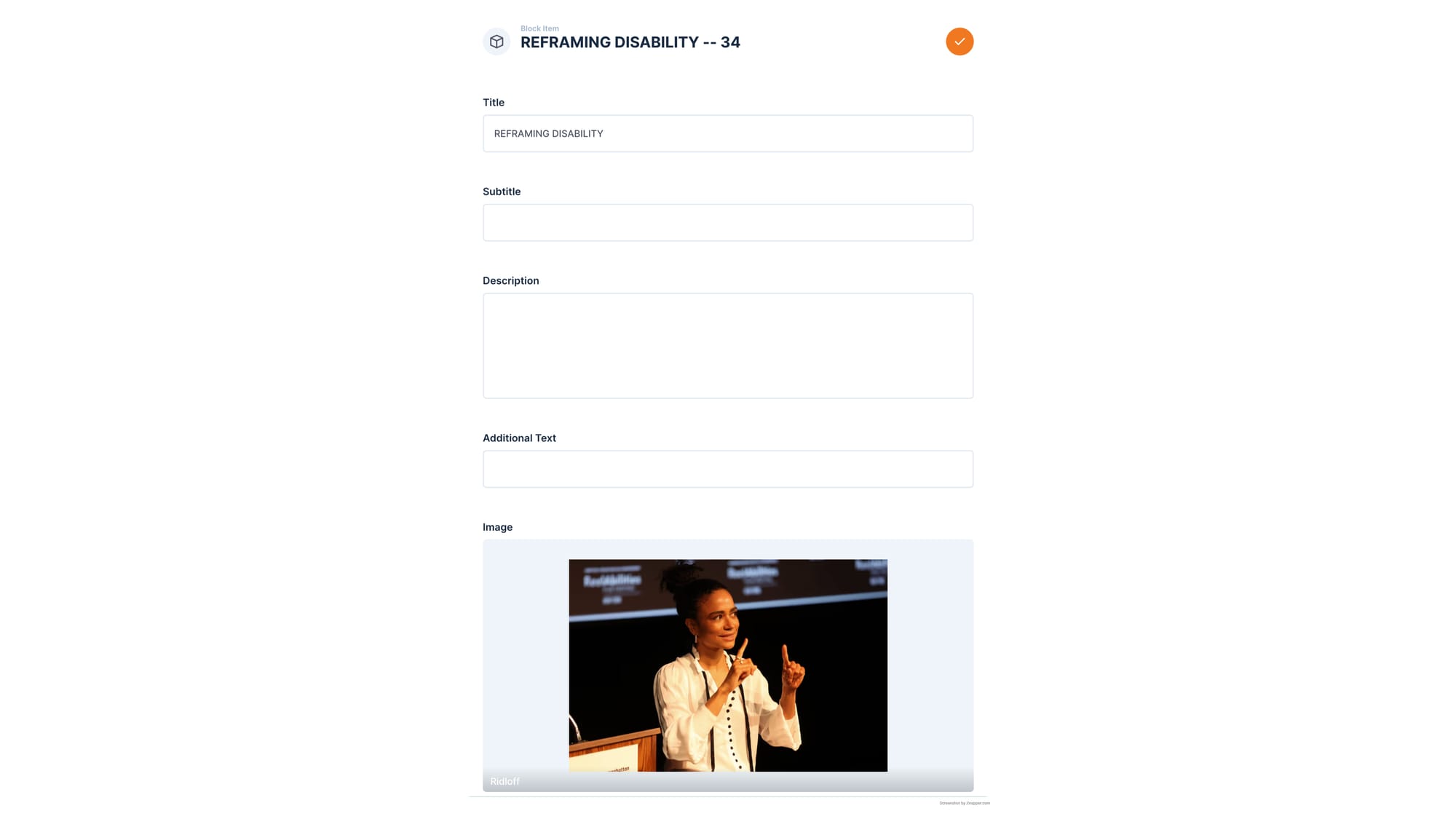 Individual block item editor showing content fields including title, subtitle, description, and image upload