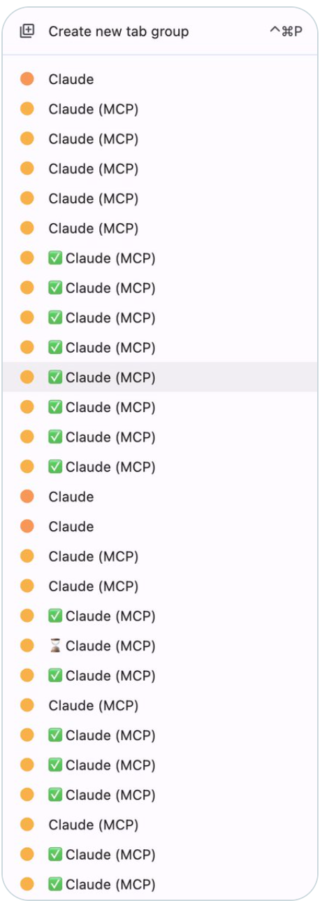 Chrome tab group menu showing about thirty tab groups, every one of them named Claude or Claude MCP