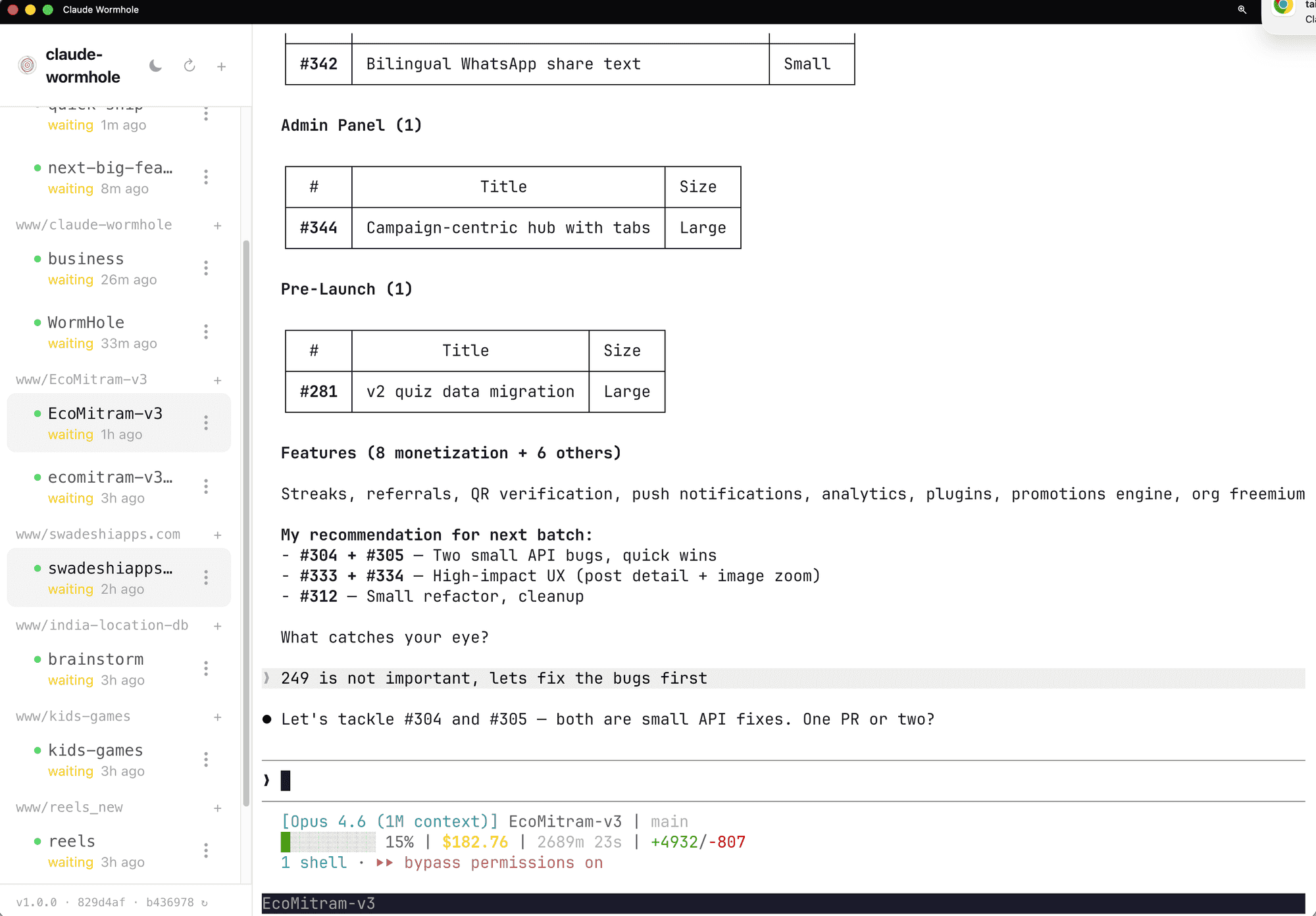 Claude Wormhole showing 8 active sessions across multiple projects